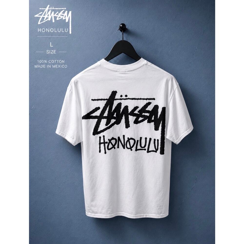 Stussy Honolulu Chapter T Shirt White Large NWOT Cut Tag Rare Back Logo Tee